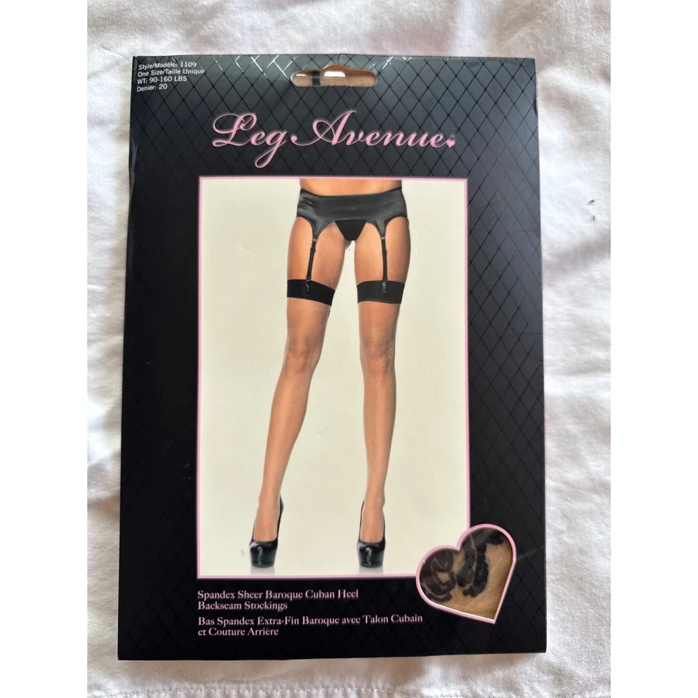 Leg Avenue 1109 Sheer Baroque Cuban Heel Backseam Stockings Nude Black O/S